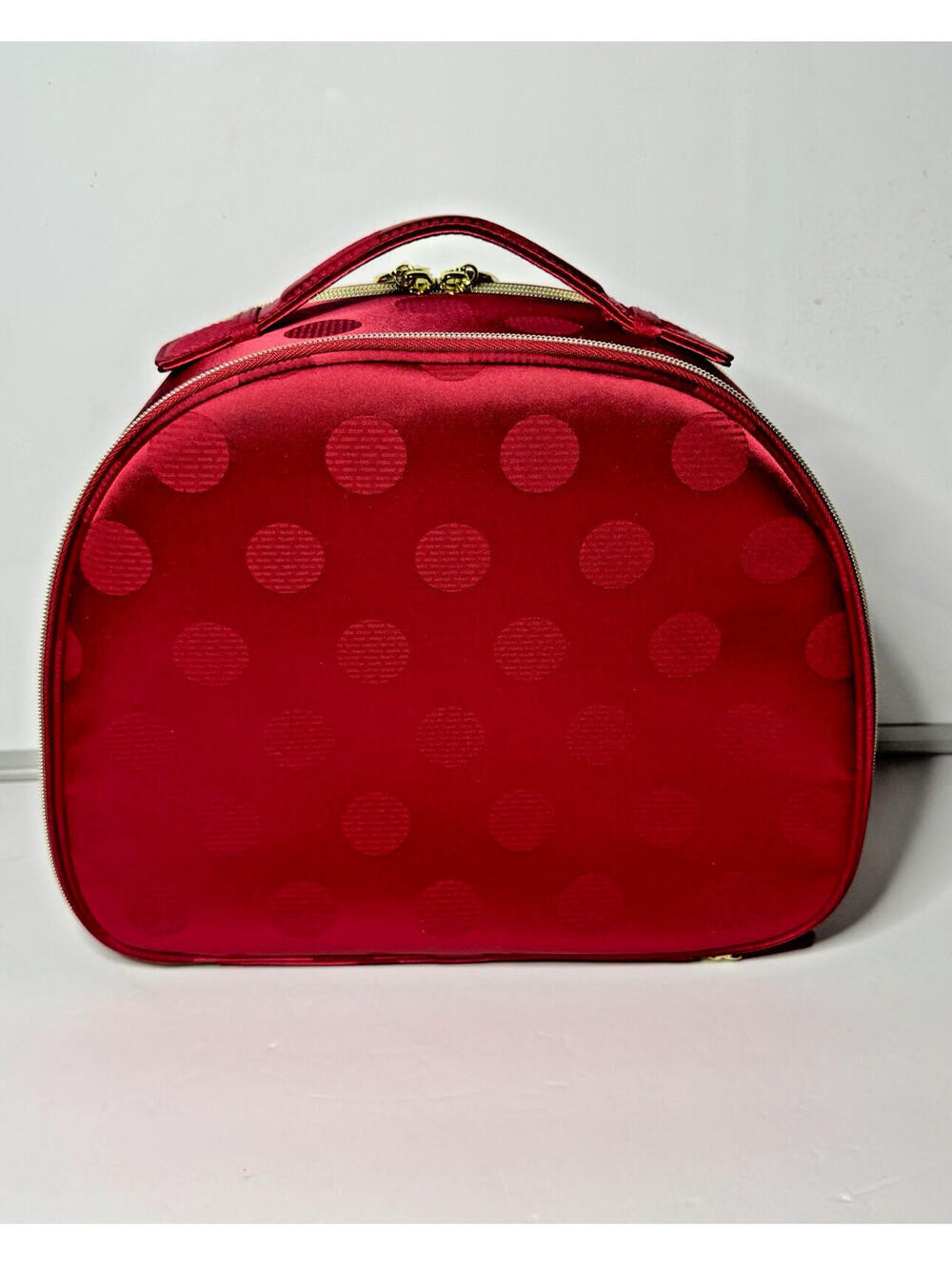 Estee Lauder Red Polka Dot Cosmetic Train Case Makeup Bag Gold Zipper 2025 NWOT